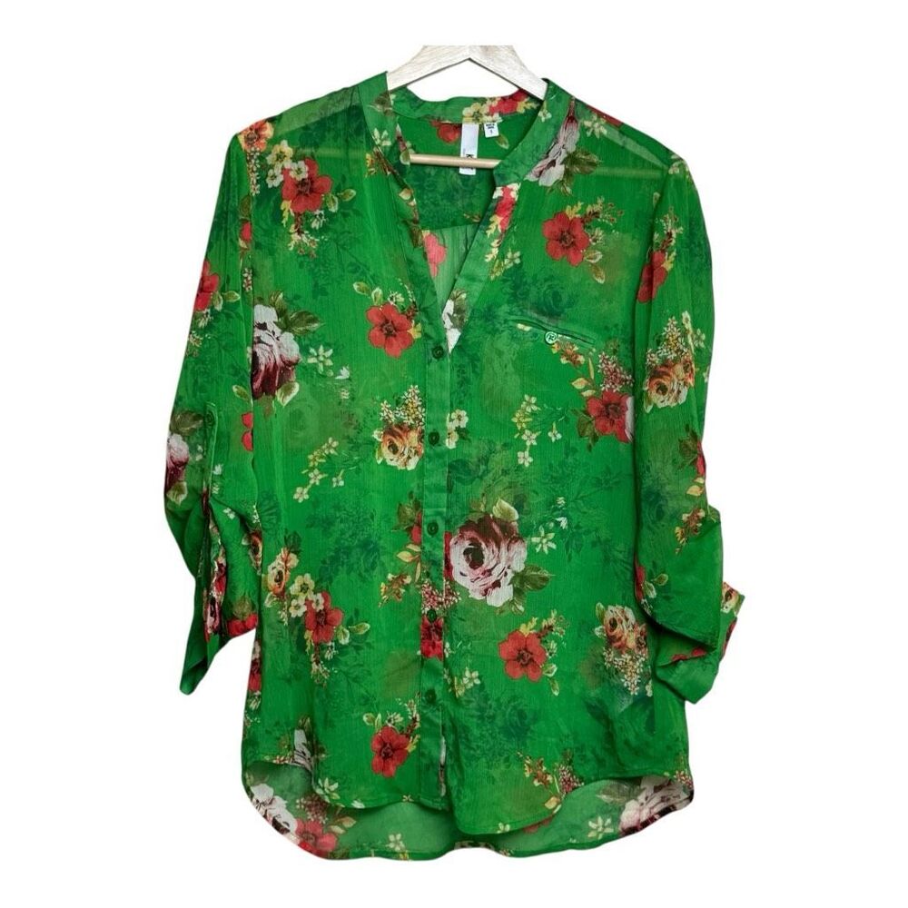 Kut From The Klothing Green Floral Sheer Button Down Blouse Small Nwot